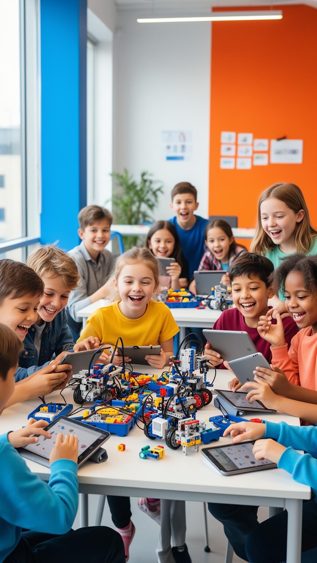 Diverse children excited about robotics and tablets in a classroom